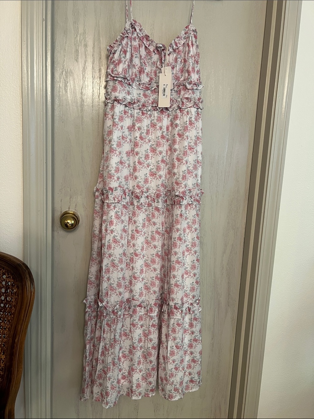 Altar'd State Floral Ruffle Maxi Dress in Pink and White